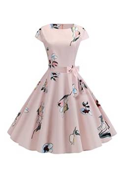 Yming Kurzarm Kleid Für Frauen Rockabilly Kleider Rundhalsausschnitt Prinzessin Abendkleider Elegante Sommerkleider Sexy Kleid Mit Blumenprint Hellrosa S von Yming