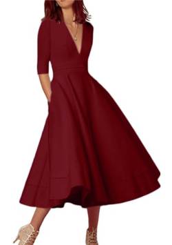 Yming Lady Plissee Swing A Line Kleid Hohe Taille Slim Fit Kleid Midikleid Bankettkleid Burgundy L von Yming