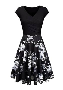 Yming Lady Sexy Cocktailkleid Partykleid mit V-Ausschnitt Audrey Elegantes Blumendruckes Kleid Midikleid Schwarz Blumen 2XL von Yming