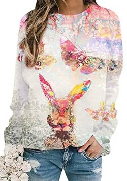 Yming Langarm Pullover Für Frauen Lässiger Pullover Niedliches Oster Sweatshirt Rundhalsausschnitt Kaninchen Sweatshirt Schmetterlingshase XXL von Yming