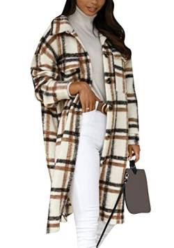 Yming Lange Karierte Shacket Jacke Für Damen Lässige Übergroße Geknöpfte Hemden Winter Warmer Mantel Kamel L von Yming