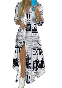 Yming Lange Maxi T Shirt Kleider Für Damen Lose Print Button Up 3/4 Ärmel Kleid Revers Kleid Zeitung XS von Yming