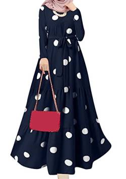 Yming Muslimische Plus Size Kleider Für Frauen Vintage Kleider Mit Plissee Langärmelige Pois Kaftan Lange Kleider Mit Rundhalsausschnitt Marineblau XL von Yming
