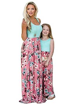 Yming Mutter und Tochter Ärmellose Blumenkleid Rundhals Familiekleid Casual Sommerkleid Blau Blumen 6-7 Jahre von Yming