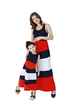 Yming Mutter und Tochter Kleider Streifen Kleid Rundhals Maxikleid Sommer Ärmellos Familiekleid Rot Blau 9-10 Jahre von Yming