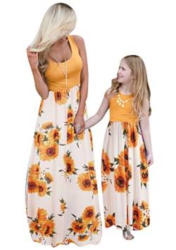 Yming Mutter und Tochter Rundhals Blumenkleid Ärmelloses Strandkleid A-Liniekleid Maxiklang Partykleid Gelbe Blume 0-12 Monate von Yming