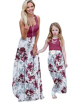 Yming Mutter und Tochter Sexy Ärmellos Kleid Rundhals Kleid Boho Strandkleid Burgundy Blumen 3XL von Yming