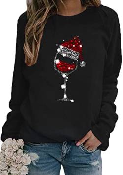 Yming Sweatshirt Mit Weinglasaufdruck Für Frauen Plus Size Pullover Langarm Rundhalsausschnitt Sweatshirt Schwarz M von Yming