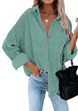 Yming Vintage leichte Hemden für Frauen Casual Cord lose Bluse mit Taschen Hellgrün L von Yming