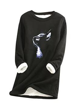 Yming Womens Cat Pattern Jumper Fuzzy Sherpa Fleece Pullover Casual Crewneck Sweatshirt Pullover Schwarz XS von Yming