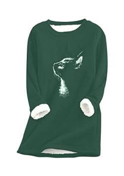 Yming Womens Cat Pattern Pullover Dick Sherpa Lined Rundhalsausschnitt Midi Sweatshirts Pullover Tops Grün XXL von Yming