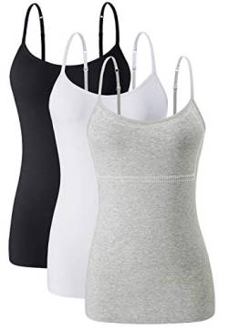 Ymmchy Damen Baumwolle Unterhemd mit Regal-BH Unterhemden Spaghettiträger Top BH-Hemd Verstellbare Trägershirt 3-er Pack Black/White/Gray L von Ymmchy