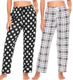 Ymmchy Damen Pyjamahose Lang Schlafanzughose Kariert Freizeithose Frauen Schlafhose Weiche Nachtwäsche Hose 2-Pack Dots/Schwarze Kariert M von Ymmchy