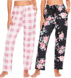 Ymmchy Damen Pyjamahose Lang Schlafanzughose Kariert Freizeithose Frauen Schlafhose Weiche Nachtwäsche Hose 2-Pack Rosa Kariert/Schwarze Blume XL von Ymmchy