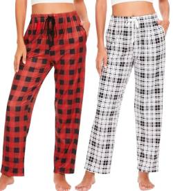 Ymmchy Damen Pyjamahose Lang Schlafanzughose Kariert Freizeithose Frauen Schlafhose Weiche Nachtwäsche Hose 2-Pack Rot Kariert/Schwarze Kariert L von Ymmchy