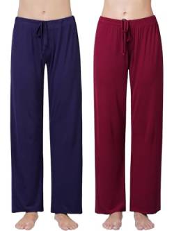 Ymmchy Damen Schlafanzughose Lang Pyjamahose Bequem Freizeithose Weich Nachtwäsche Hose mit Taschen 2-Pack Dunkelblau/Weinrot M von Ymmchy