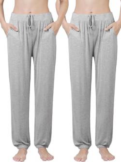 Ymmchy Damen Schlafanzughose Lang Pyjamahose Bequem Freizeithose Weich Nachtwäsche Hose mit Taschen 2-Pack Grau/Grau XL von Ymmchy