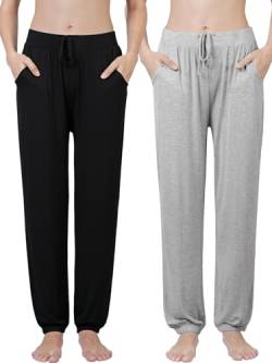 Ymmchy Damen Schlafanzughose Lang Pyjamahose Bequem Freizeithose Weich Nachtwäsche Hose mit Taschen 2-Pack Schwarz/Grau L von Ymmchy