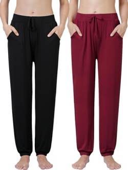 Ymmchy Damen Schlafanzughose Lang Pyjamahose Bequem Freizeithose Weich Nachtwäsche Hose mit Taschen 2-Pack Schwarz/Weinrot L von Ymmchy