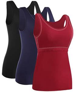 Ymmchy Damen Tank Tops mit Regal-BH Unterhemden Workout Stretch Tanktop 3er Pack Black/DB/Wine Red M von Ymmchy