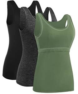 Ymmchy Damen Tank Tops mit Regal-BH Unterhemden Workout Stretch Tanktop 3er Pack Black/Darkgray/ArmyGreen XXL von Ymmchy