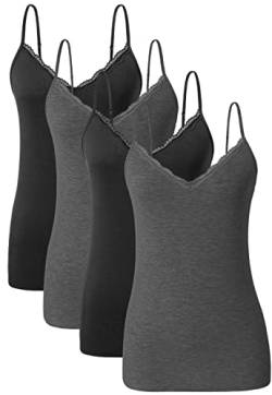 Ymmchy Damen Tanktop mit Spitzen Unterhemd Spaghettiträger Basic Top V-Ausschnitt Verstellbare Trägertop 4er Pack Schwarz/Dunkelgrau/Schwarz/Dunkelgrau L von Ymmchy