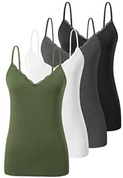 Ymmchy Damen Tanktop mit Spitzen Unterhemd Spaghettiträger Basic Top V-Ausschnitt Verstellbare Trägertop 4er Pack Schwarz/Dunkelgrau/Weiß/Armeegrün M von Ymmchy