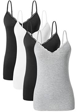 Ymmchy Damen Tanktop mit Spitzen Unterhemd Spaghettiträger Basic Top V-Ausschnitt Verstellbare Trägertop 4er Pack Schwarz/Weiß/Schwarz/Grau M von Ymmchy