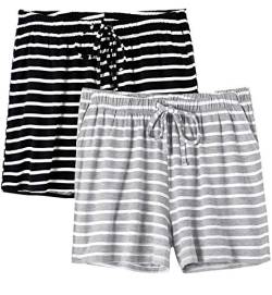 Ymmchy Nachtwäsche Kurze Hose für Damen Weiche Pyjama Shorts Unterteile mit Taschen und Kordelzug 2-Pack Black Stripes/Gray Stripes XL von Ymmchy