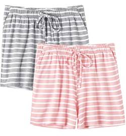 Ymmchy Nachtwäsche Kurze Hose für Damen Weiche Pyjama Shorts Unterteile mit Taschen und Kordelzug 2-Pack Gray Stripes/Pink Stripes L von Ymmchy