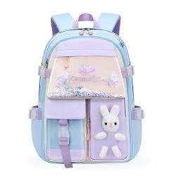 Ynport Crefreak Niedlicher Hasenschulrucksack für Mädchen Ästhetische Schultasche mit großem Fassungsvermögen Wasserabweisende Kawaii-Büchertaschen für Taschen der Klassen 1-6,Blau von Ynport Crefreak