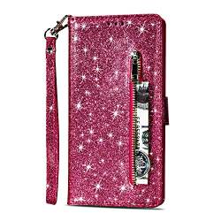 Yobby Glitzer Brieftasche Hülle für Samsung Galaxy S8, Samsung Galaxy S8 Rose Rot Handyhülle Bling Slim Reißverschluss Leder Schutzhülle Flipcase [Stand-Funktion] mit Kartenfach und Handschlaufe von Yobby