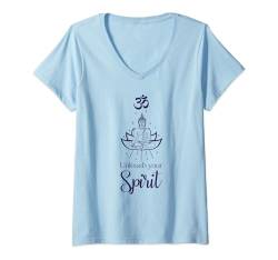 Buddha Lotusblüte mit Om Zeichen und Unleash Your Spirit T-Shirt mit V-Ausschnitt von Yoga Kleidung Damen und Meditation Geschenke