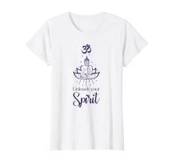 Buddha Lotusblüte mit Om Zeichen und Unleash Your Spirit T-Shirt von Yoga Kleidung Damen und Meditation Geschenke
