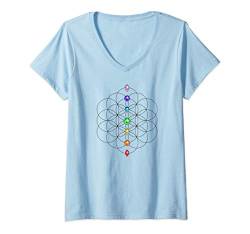 Damen Blume des Lebens, 7 Chakra Steine, Heilige Geometrie Symbol T-Shirt mit V-Ausschnitt von Yoga & Buddhismus by Anne Mathiasz