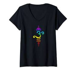 Damen Om Mantra Symbol Lotusblüte Unalome Chakra Bunt Regenbogen T-Shirt mit V-Ausschnitt von Yoga & Buddhismus by Anne Mathiasz