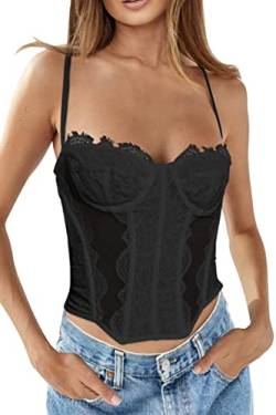 Yogeaw Spitzen-Korsett-Tops für Frauen, verstellbare Spaghetti-Träger, sexy Netz-Bustier, offener Rücken, Stäbchen, Vintage-Korsett, bauchfrei, Schwarz, Small von Yogeaw