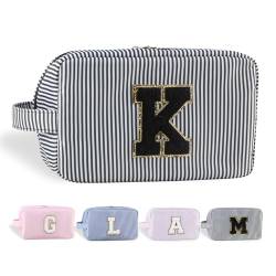 YogoRun Make-up-Tasche mit Glitzer-Chenille-Buchstabe, genäht, tragbarer Griff, wasserabweisend, Badezimmertasche für Damen, Nylon-Kosmetiktasche mit 3 Taschen, StripeBlack-K, Einheitsgröße, Modern von YogoRun