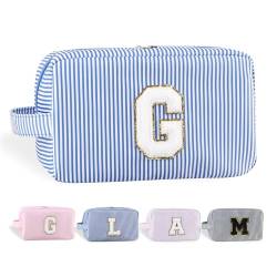 YogoRun Make-up-Tasche mit Glitzer-Chenille-Buchstabe, genäht, tragbarer Griff, wasserabweisend, Badezimmertasche für Damen, Nylon-Kosmetiktasche mit 3 Taschen, StripeBlue-G, Einheitsgröße, Modern von YogoRun