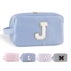 YogoRun Make-up-Tasche mit Glitzer-Chenille-Buchstabe, genäht, tragbarer Griff, wasserabweisend, Badezimmertasche für Damen, Nylon-Kosmetiktasche mit 3 Taschen, StripeBlue-J, Einheitsgröße, Modern von YogoRun