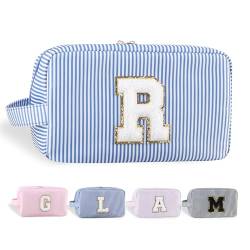 YogoRun Make-up-Tasche mit Glitzer-Chenille-Buchstabe, genäht, tragbarer Griff, wasserabweisend, Badezimmertasche für Damen, Nylon-Kosmetiktasche mit 3 Taschen, StripeBlue-R, Einheitsgröße, Modern von YogoRun