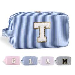 YogoRun Make-up-Tasche mit Glitzer-Chenille-Buchstabe, genäht, tragbarer Griff, wasserabweisend, Badezimmertasche für Damen, Nylon-Kosmetiktasche mit 3 Taschen, StripeBlue-T, Einheitsgröße, Modern von YogoRun