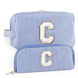 YogoRun Make-up-Tasche mit Glitzer-Chenille-Buchstabe, genäht, tragbarer Griff, wasserabweisend, Badezimmertasche für Damen, Nylon-Kosmetiktasche mit 3 Taschen, StripeBlueSet-C, Einheitsgröße, Modern von YogoRun