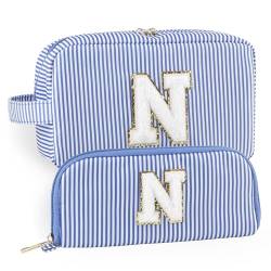 YogoRun Make-up-Tasche mit Glitzer-Chenille-Buchstabe, genäht, tragbarer Griff, wasserabweisend, Badezimmertasche für Damen, Nylon-Kosmetiktasche mit 3 Taschen, StripeBlueSet-N, Einheitsgröße, Modern von YogoRun