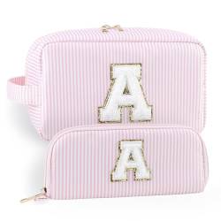 YogoRun Make-up-Tasche mit Glitzer-Chenille-Buchstabe, genäht, tragbarer Griff, wasserabweisend, Badezimmertasche für Damen, Nylon-Kosmetiktasche mit 3 Taschen, StripePinkSet-A, Einheitsgröße, Modern von YogoRun