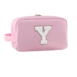 YogoRun Spring Break Essentials Monogramm Initiale Make-up-Tasche, wasserabweisend, Badezimmertasche für Damen, Nylon-Kosmetiktasche mit tragbarem Griff und Taschen, Babypink, Einheitsgröße, Y von YogoRun