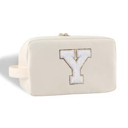 YogoRun Spring Break Essentials Monogramm Initiale Make-up-Tasche, wasserabweisend, Badezimmertasche für Damen, Nylon-Kosmetiktasche mit tragbarem Griff und Taschen, Beige, Einheitsgröße, Y von YogoRun