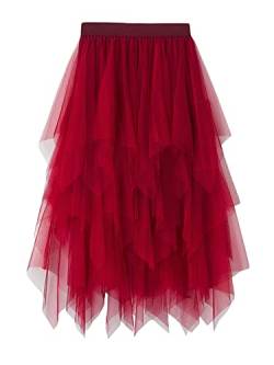 Damen A-Linie Unregelmäßige Mittellange Hohe Taille Tüllrock Einfarbig Elegant Elastische Taille Prinzessin Ballettkleid, A-red, Einheitsgröße von Yoisdtxc