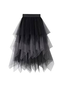 Damen-Ballettkleid, A-Linie, unregelmäßig, mittellang, hohe Taille, Tüllrock, einfarbig, Elegante, elastische Taille, Prinzessin-Ballettkleid (B-Black Gray, One Size) von Yoisdtxc