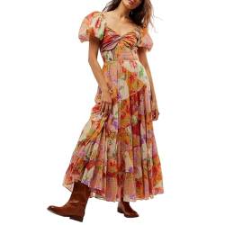 Yoisdtxc Damen Blumendruck Langes Kleid Kurze Puffärmel Herzausschnitt Tunika Taille A-Linie Kleid, A-gelb, L von Yoisdtxc